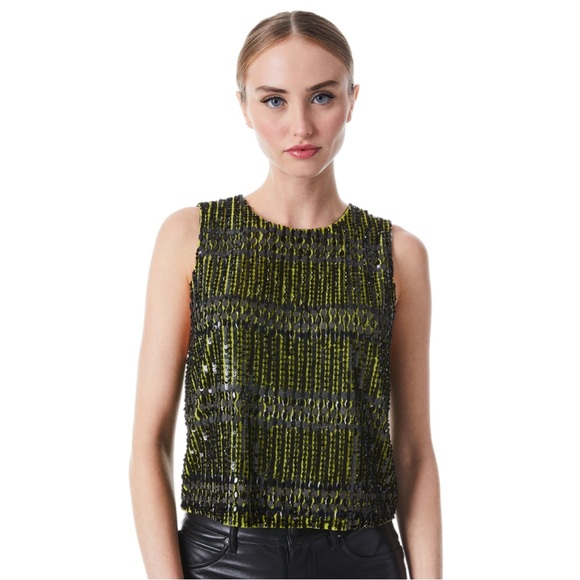 NEW Alice+Olivia Amal Embellished Boxy Tank Top Neon Green Black Size XS - Picture 2 of 3